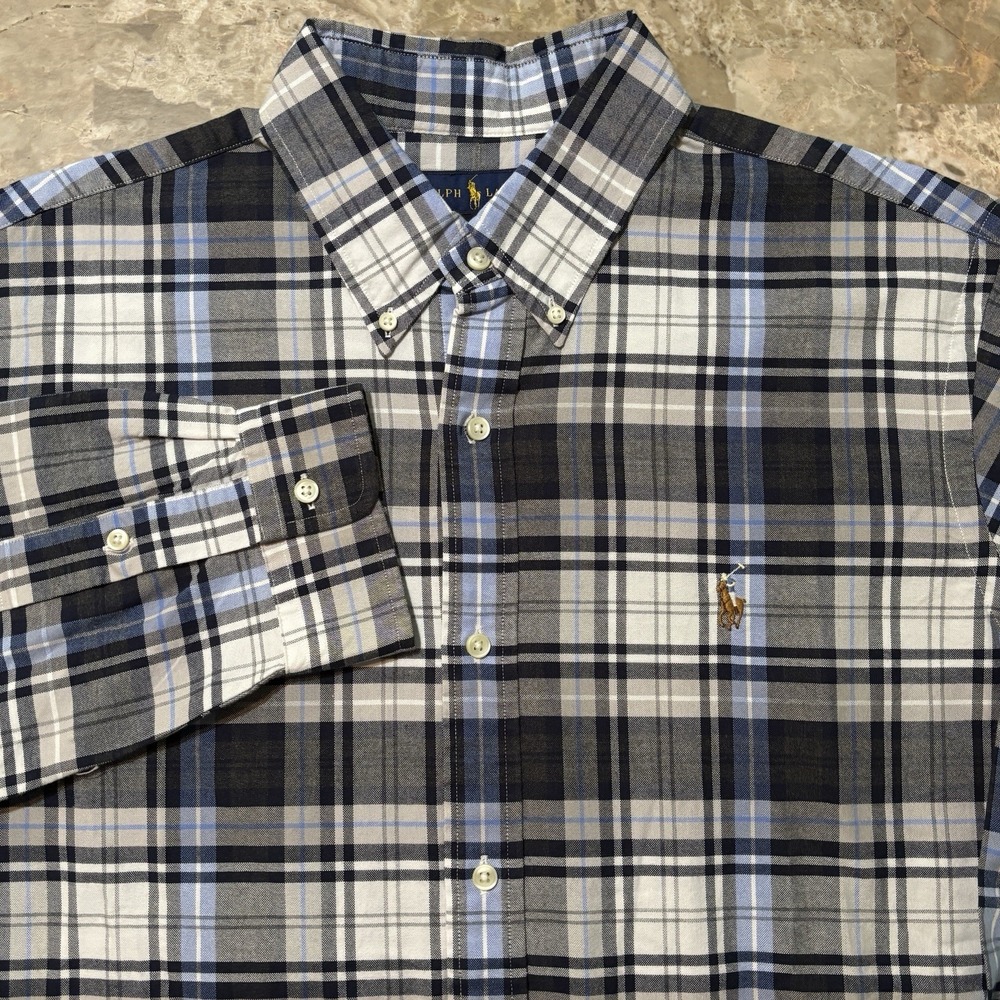 Polo Ralph Lauren Shirt Mens XL Blue Classic Fit Plaid Long Sleeve Oxford OCBD